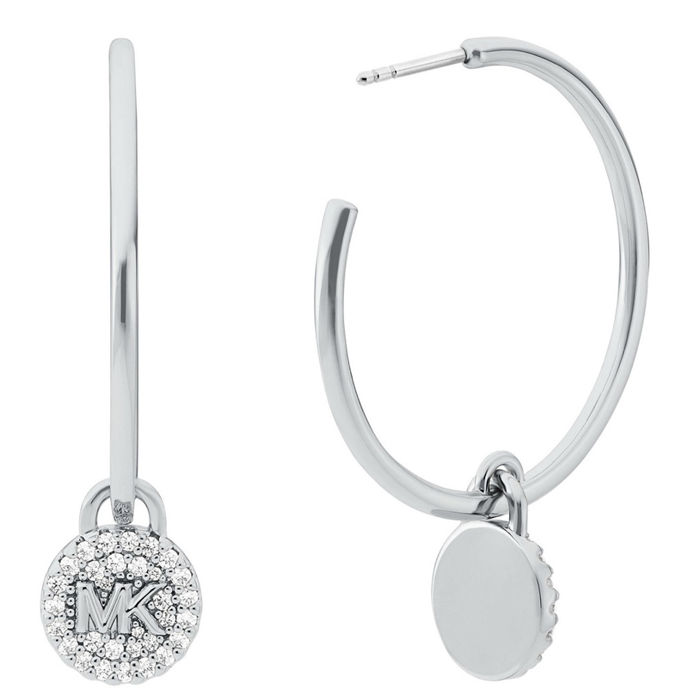 Michael Kors Platinum Plated Brass Cubic Zirconia Pave Charm Hoop Earrings - Picture 2 of 3